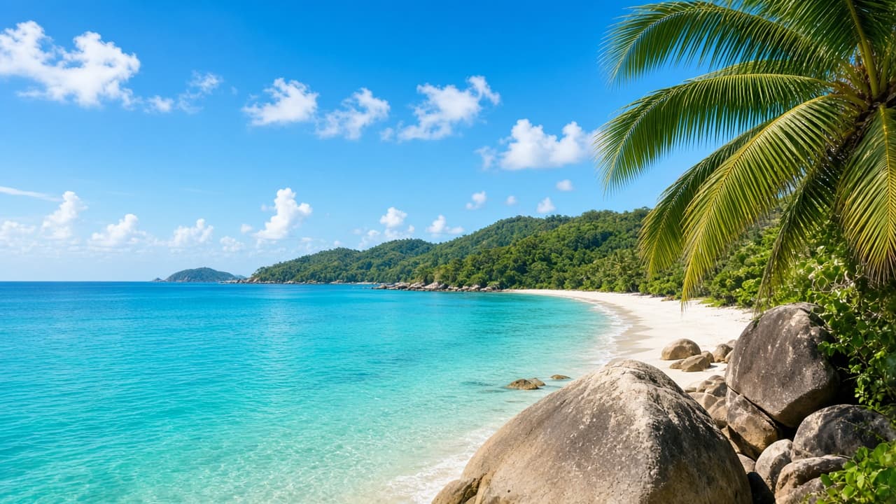 Turquoise bay and white sand beach framed by palm trees in Phu Quoc, Vietnam