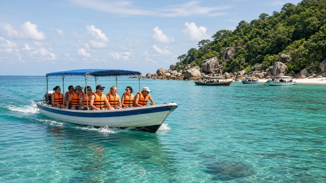 Canoe full of guests in life jackets heading to a rocky island beach on the Phu Quoc island-hopping tour