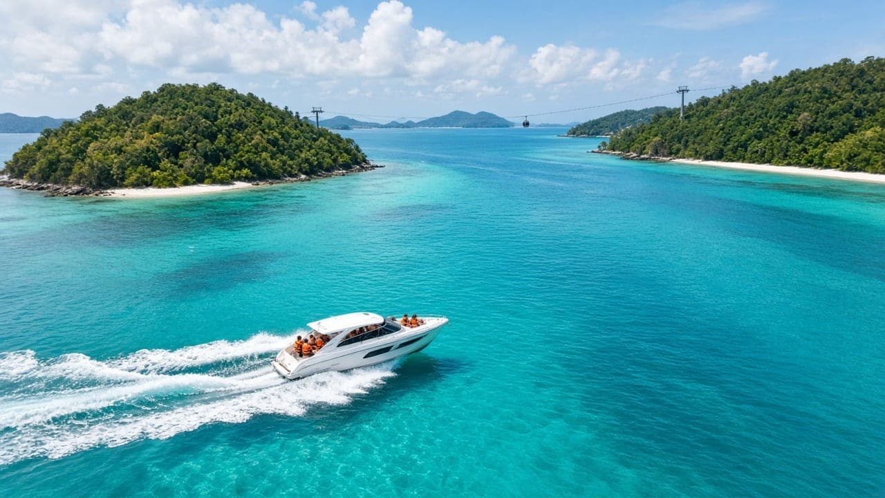 Speedboat with tourists crossing turquoise water between green islands, with the Hon Thom Cable Car in the distance