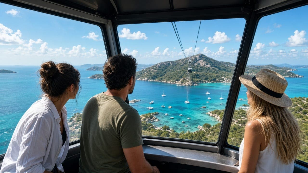 View of the islands and sea from inside the Hon Thom Cable Car
