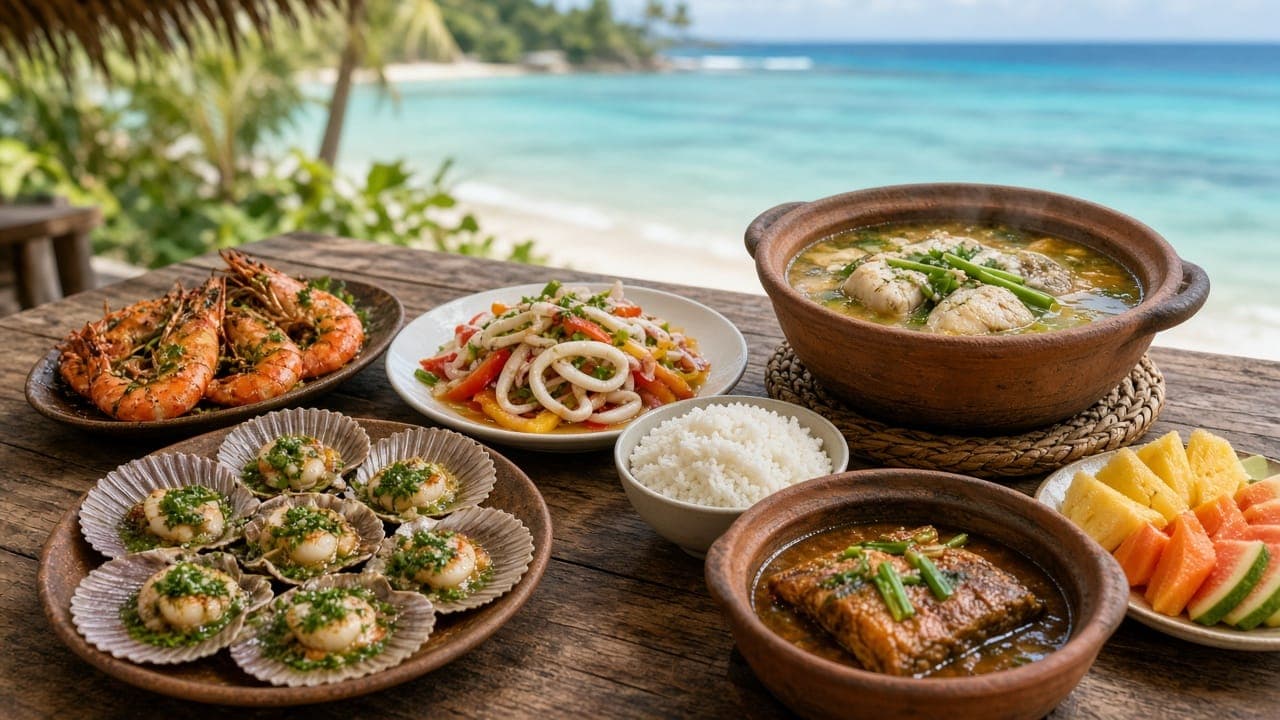 Seafood lunch on the island: grilled scallops, shrimp, squid, fish hot pot and fruit