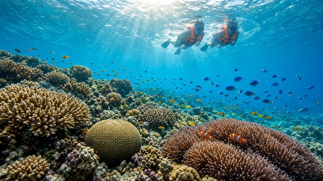 Snorkelers above corals and clownfish around Gam Ghi Island