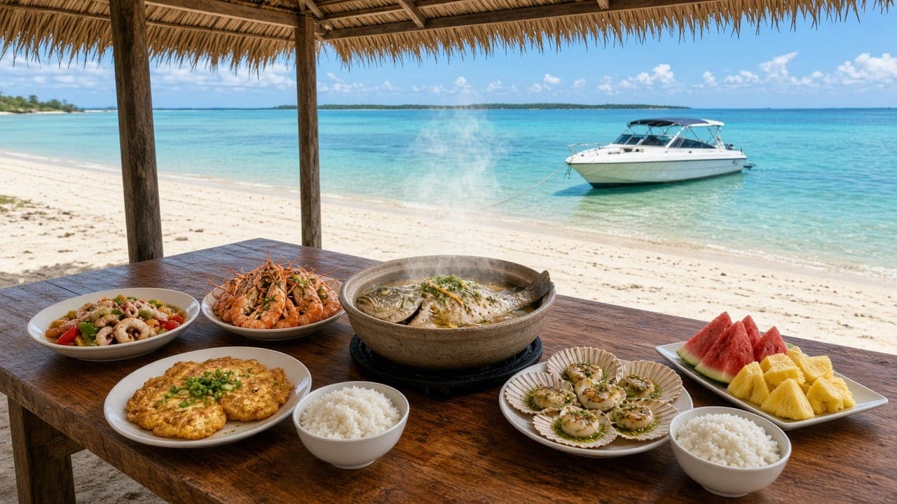 Fish hot pot, shrimp, squid and scallops for lunch on the island beach