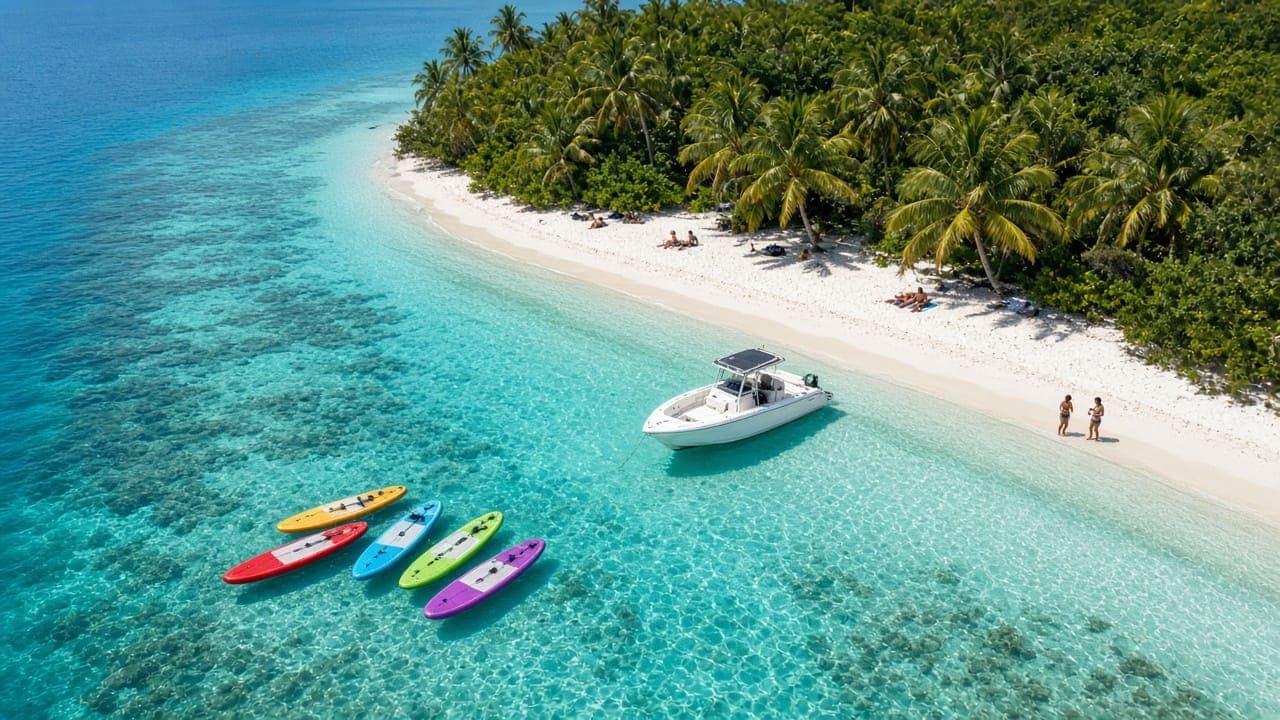 Paddleboards and a speedboat by the white sand beach of Mong Tay Island