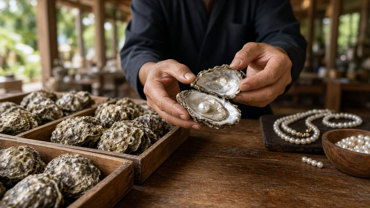 An oyster opened to show a pearl at the Ngoc Trai Pearl Farm