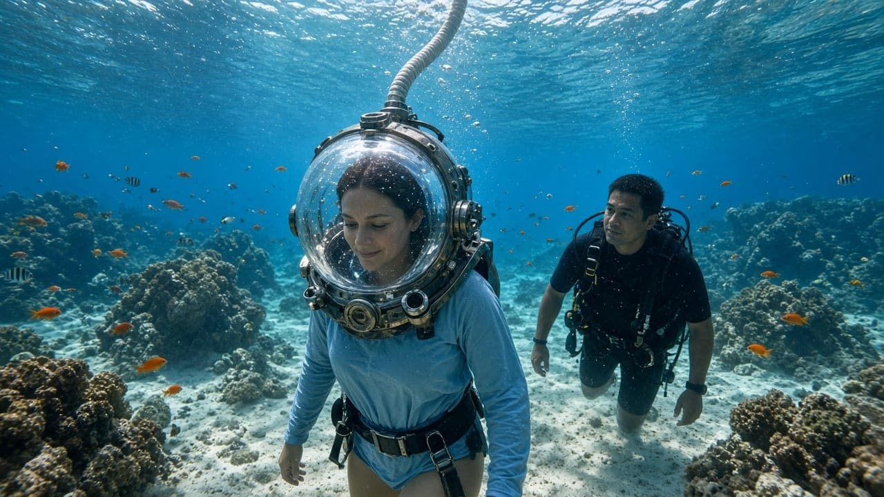 Guest in a Sea Walker helmet walking on the sea floor among corals with a guide
