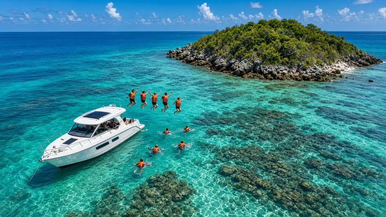 Guests jumping off a speedboat to snorkel over the reef by a small island