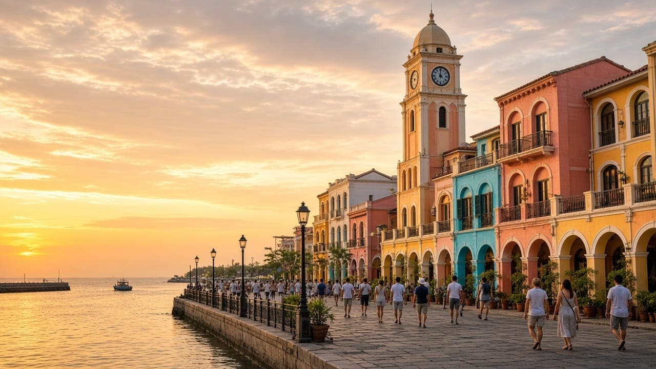 Pastel Mediterranean buildings and clock tower at Sunset Town, An Thoi