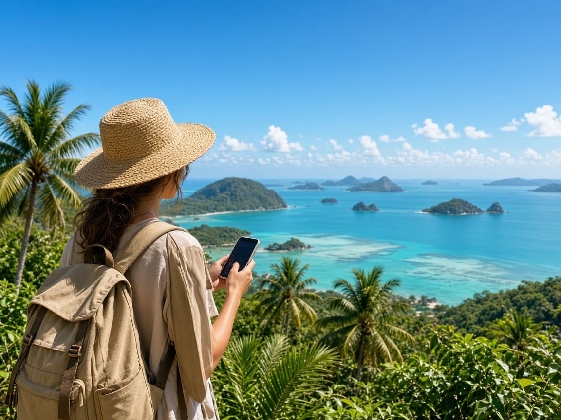 Traveler in a straw hat checking her phone above a turquoise bay in Phu Quoc